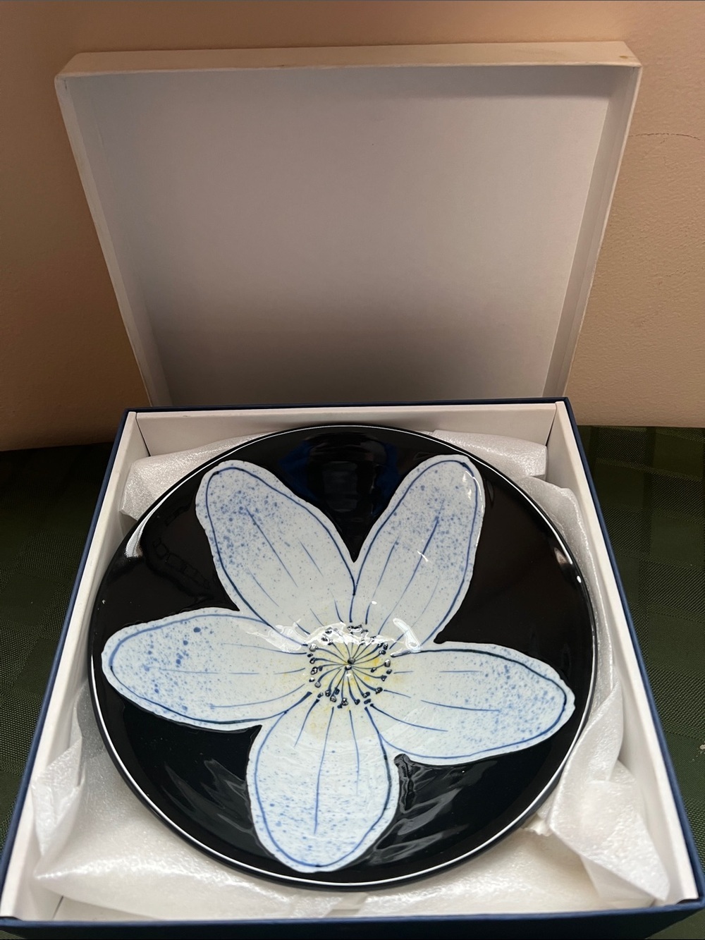 Decorative Black Ceramic Bowl with White & Blue Flower in box